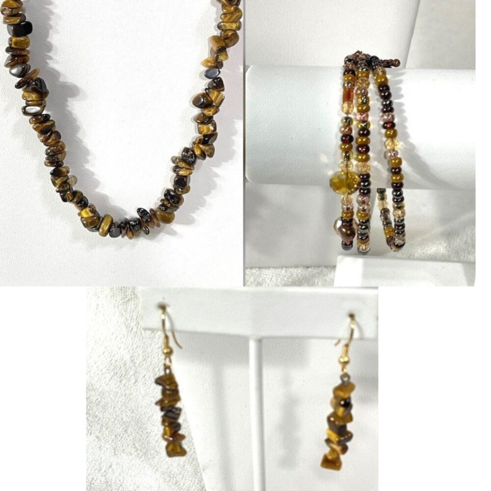 Tiger's eye necklace, earrings and beaded bracelet set.